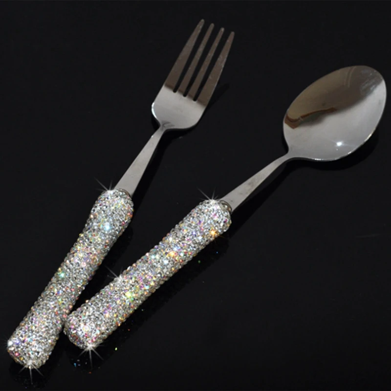 Diamond Cutlery Set,Stainless Steel Fancy Eating Utensils Portable Tableware With Box Brilliant Sparking Spoon