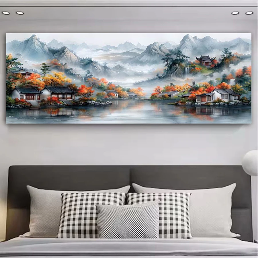 

Mountain Scenery Lakeside House Diy Diamond Art Painting Large Size Landscape Full Drill Mosaic Embroidery Picture 300x100cm