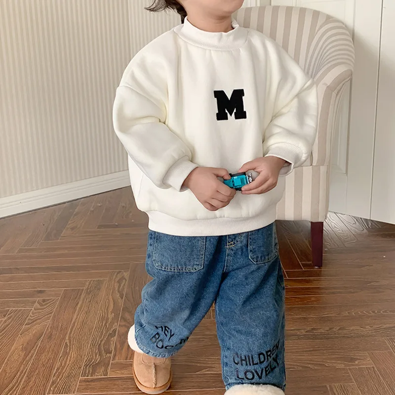 

Children's Plush Sweater Winter Clothing Korean Version Letter Embroidery Top for Boys and Girls Plush Thickened Pullover Top