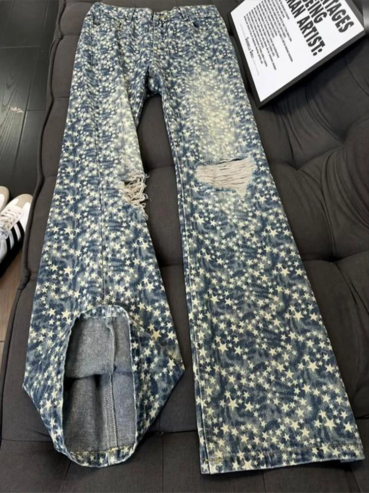 

Джинсы прямого кроя в американском стиле, мужские брюки с перфорацией и принтом в виде пятиконечной звезды, High Street Vibe, весенний сезон
