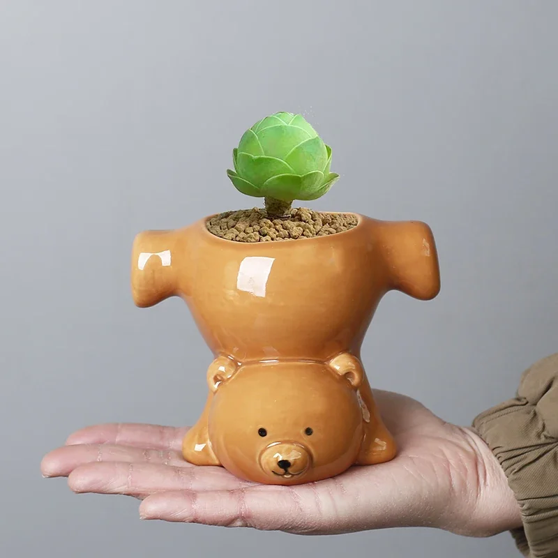 Cartoon Ceramic Inverted Bear Flower Pot Immortal Ball Succulent Potted Ceramic Plant Vase Simple and Cute Modern Home Decor