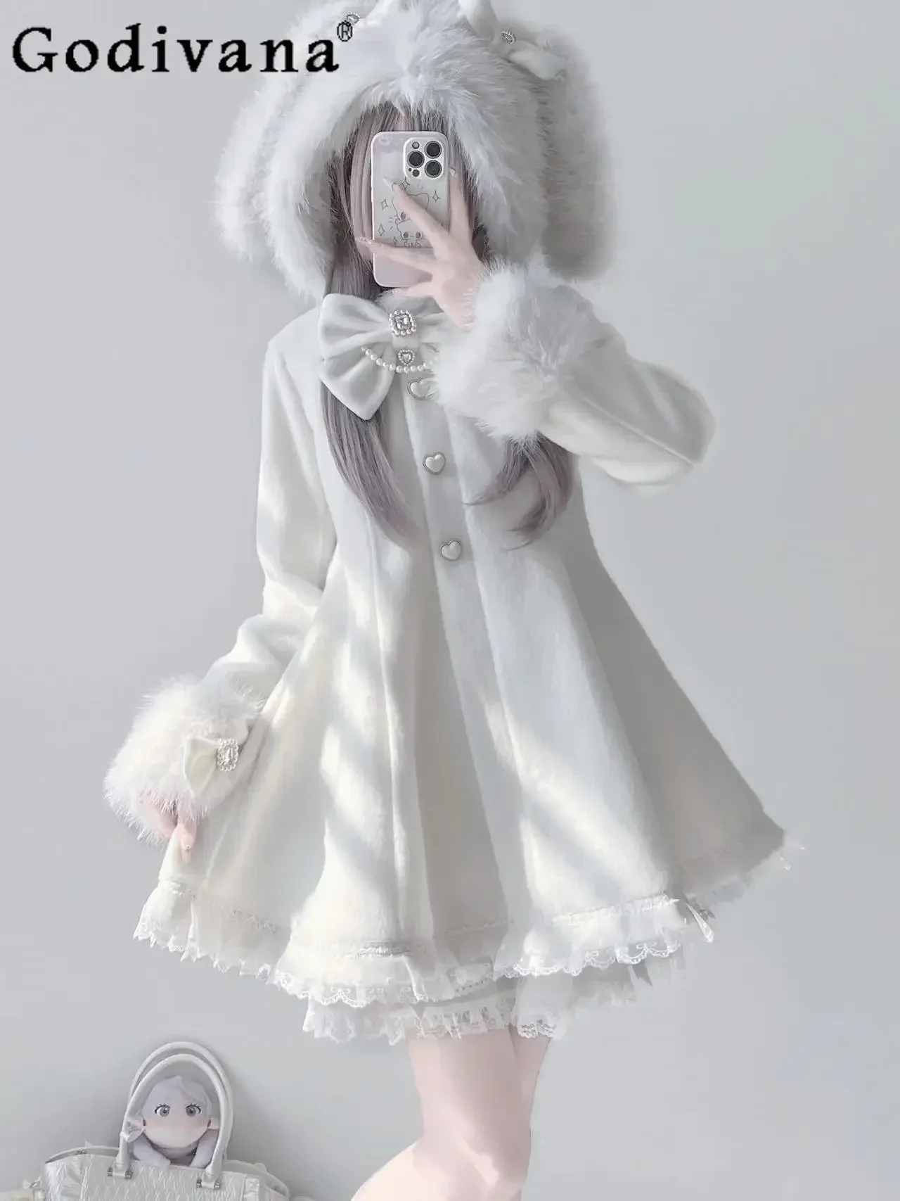 White Lolita Woolen Coat Women's Mine Series Mass-produced Cute Sweet Bow Lace Plush Rabbit Hooded Slim-Fit Woolen Jackets New