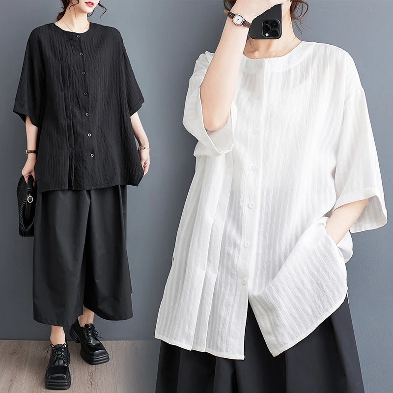 

Летняя новинка: Элегантная блузка из шелкового хлопка с драпировкой, рукавом до локтя, свободного кроя, однотонная, больших размеров, для делового и повседневного стиля.