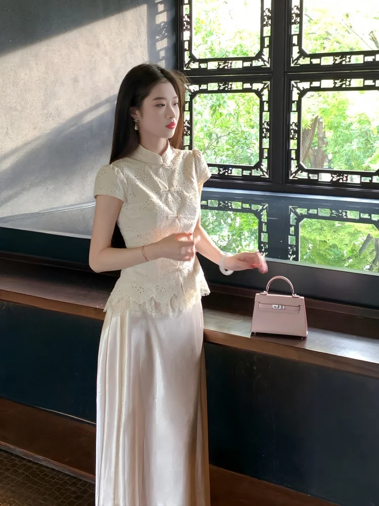 

Lingxian Zhihe Snow Porrie, новая китайская кружевная шелковая юбка с вырезами, женский осенний комплект ort Sve Button Sle