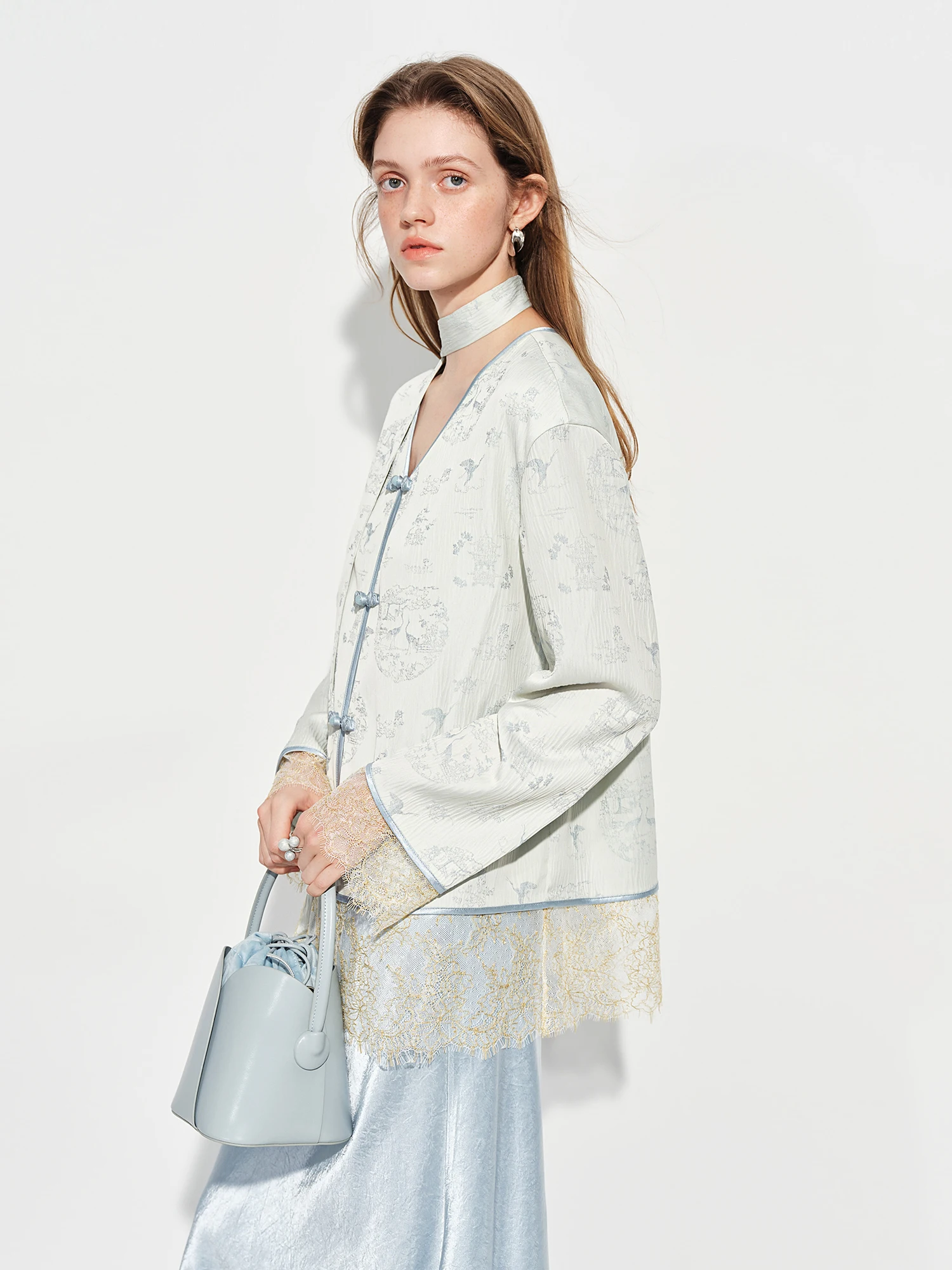 FSLE Modern Chinese-inspired Women's Blazer with Button Closure Sash VNeck Patchwork Lace Trim Outerwear Spring 2026 New Arrival
