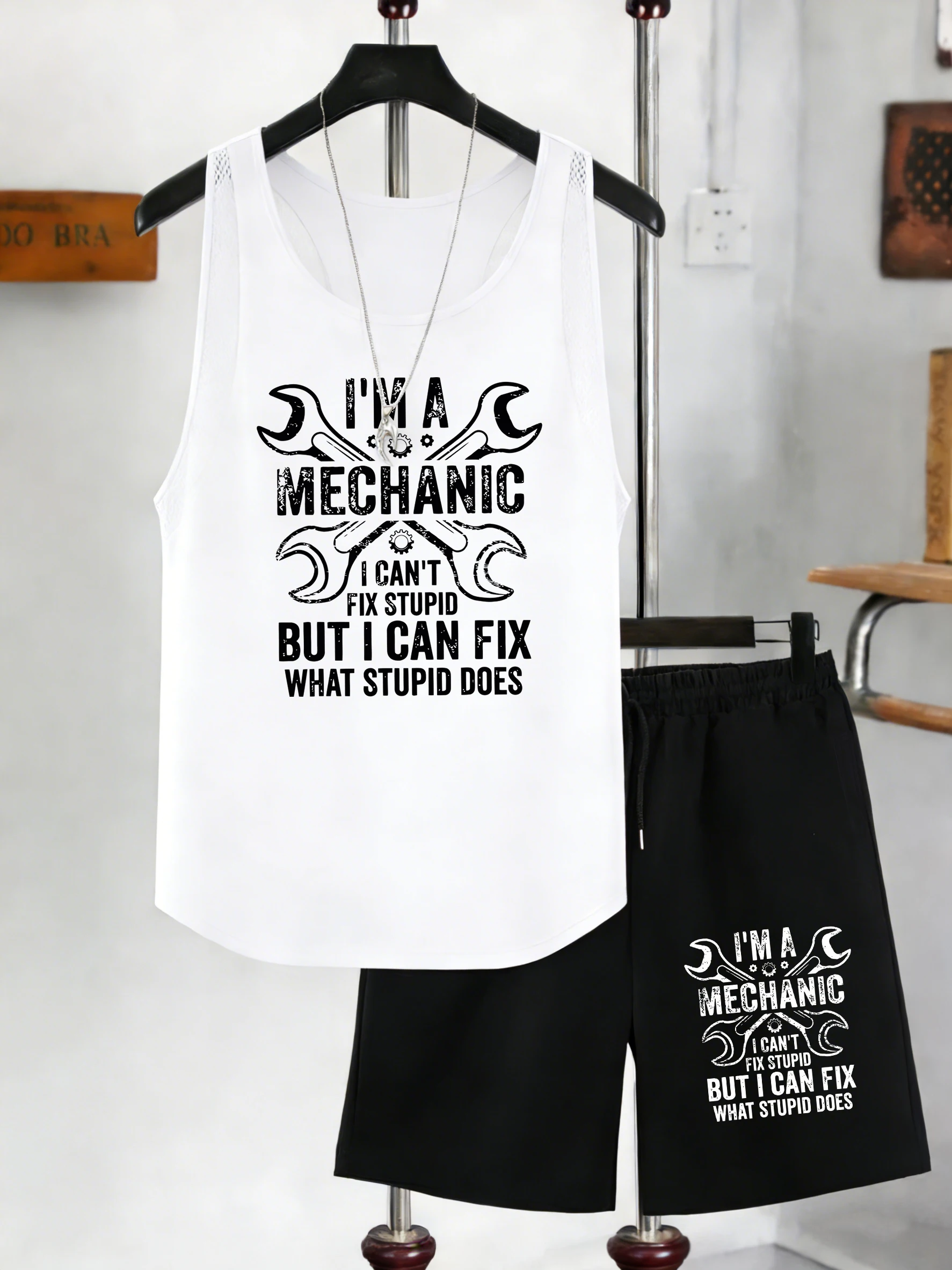

I'M A Mechanic But I Can Fix Stupid Prints Mesh Tank Tops Sets Men Summer Sleeveless Vests Fitness Short Pants Pocket Black Pant