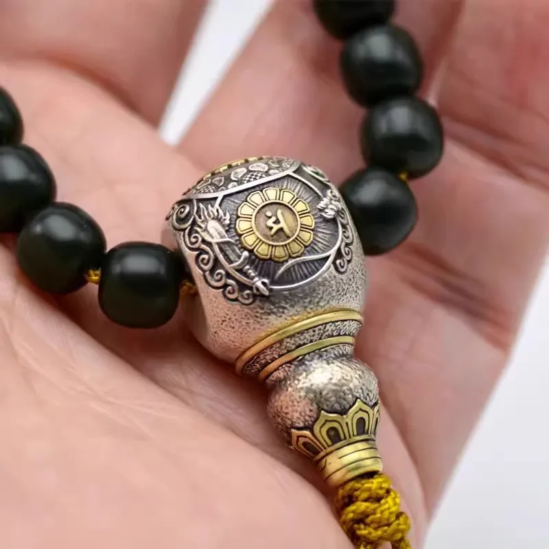 Chinese Traditional Auspicious Silver Copper Inlay Three Way Buddha Head Guru Bead Retro Spacer Bead For Bodhi Bracelet Wenwan