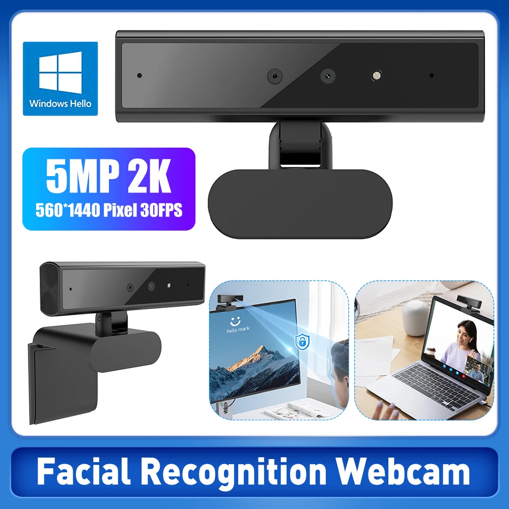 Mini USB Facial Recognition Webcam For Windows Hello Identification Login HD 2K 5MP Computer Web Camera with Mic For Laptop PC