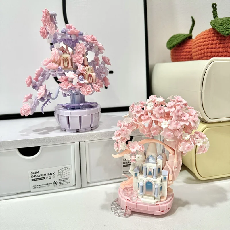 DIY 크리 에이 티브 변색 벚꽃 나무 집 빌딩 블록 MOC 꽃 클래식 모델 벽돌 장난감 소녀를위한 로맨틱 선물