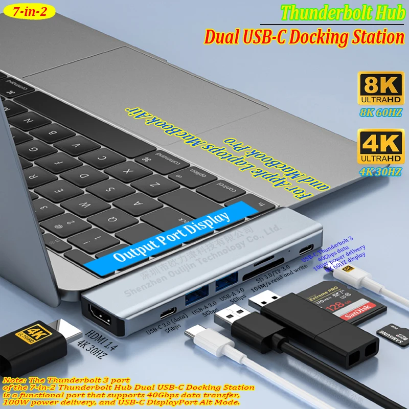 Hub USB-C doppio con Thunderbolt, adattatore USB HDMI, SD e TF per docking station Mac per Apple MacBook Air e MacBook Pro