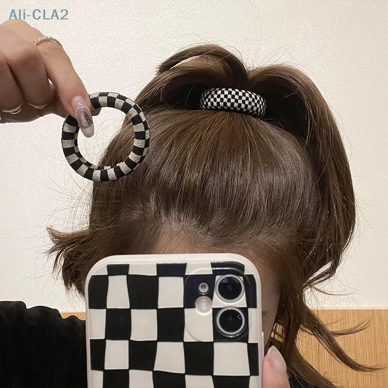 5pcs Apanese Korean Black And White Check Scrunchie Simple All-in-one High Elastic Non-trace Large Colon Scrunchie Headband Rope