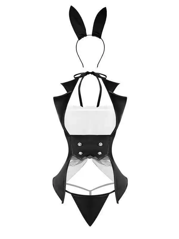 مثير موضة سبليت الشيفون المرقعة StrapHalter الظهر SuitCollar الأرنب موحدة مشبك معدني الديكور فستان أسود الساحرة QKDP