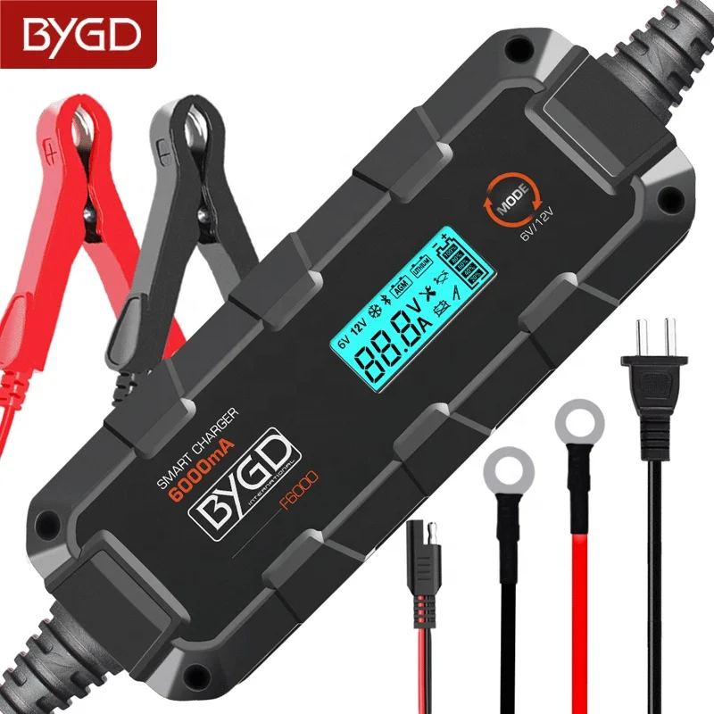 

F6000 8-Stage Intelligent Car Battery Charger 6000mA 6V/12V WET/GEL/MF/CA/EFB/AGM/Lithium Smart LCD Black Heat-Resistant 0V