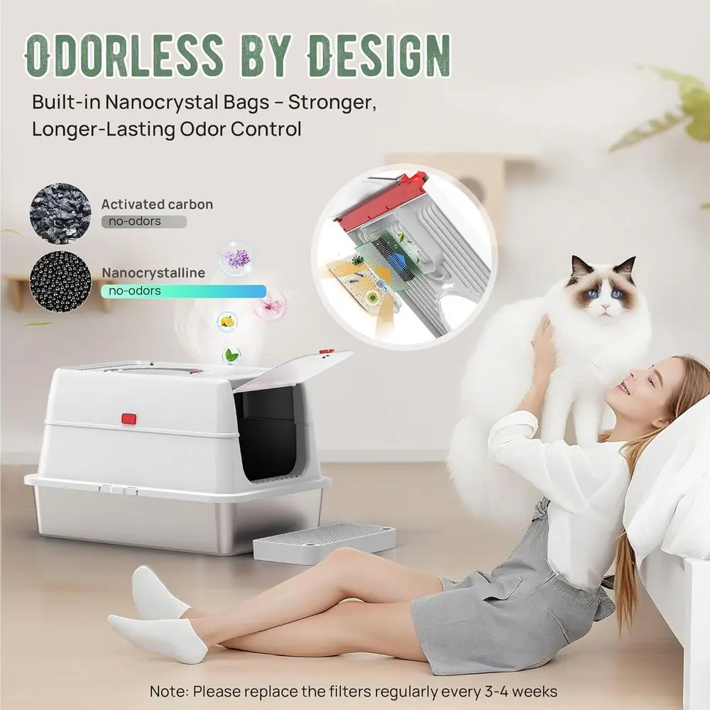 صندوق نفايات كبير جدًا من الفولاذ المقاوم للصدأ مع غطاء قلاب، تنظيف ذاتي، دخول علوي عالي الجوانب للقطط الكبيرة، فلتر كربون مدمج