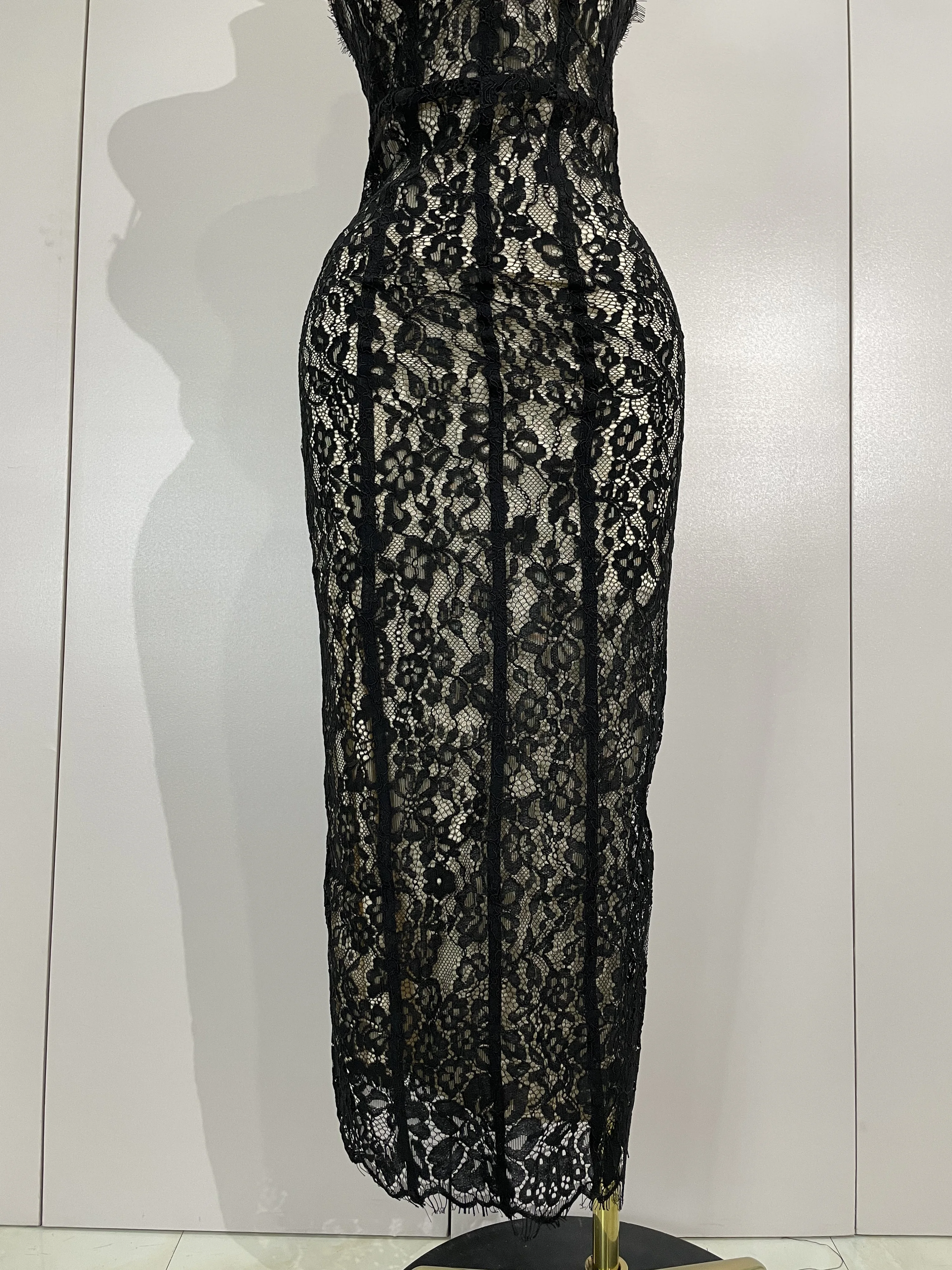 Sexy Black Lace Sleeveless Bodycon Long Dress Nightclub Party Women Celebrate Birthday Evening Party Wedding Guest Prom Gowns