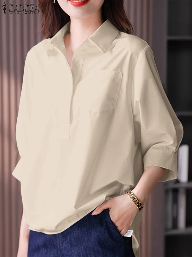 

ZANZEA Women Casual Solid Color Shirts Autumn Turn-Down Collar Three Quarter Sleeve Half Buttons Loose Tops Commuting Clothes