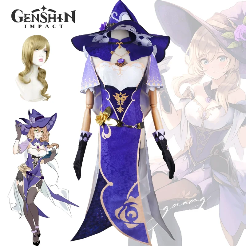 Disfraz de Genshin Impact Lisa Minci para mujer adulta, traje de fiesta de noche, vestido, peluca, sombrero, uniforme, juego de Halloween, Anime