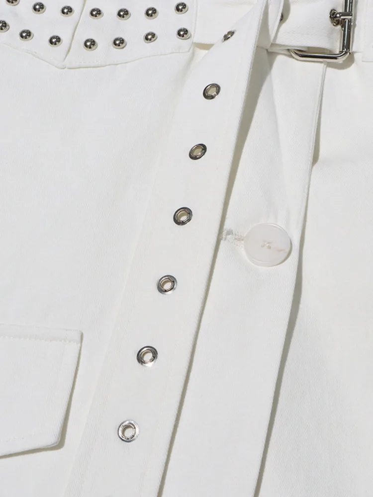 ZMEENNA White Stylish Blazer For Women With Studded Bustier Detailing And Adjustable Belt Long Sleeve Jacket ZM4072