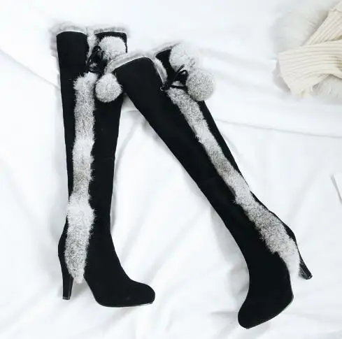 Winter Warming Women Black Suede Rabbit Fur Ball Genuine Leather High Heel Over The Knee Boots Slip On Thigh Long Botas Shoes