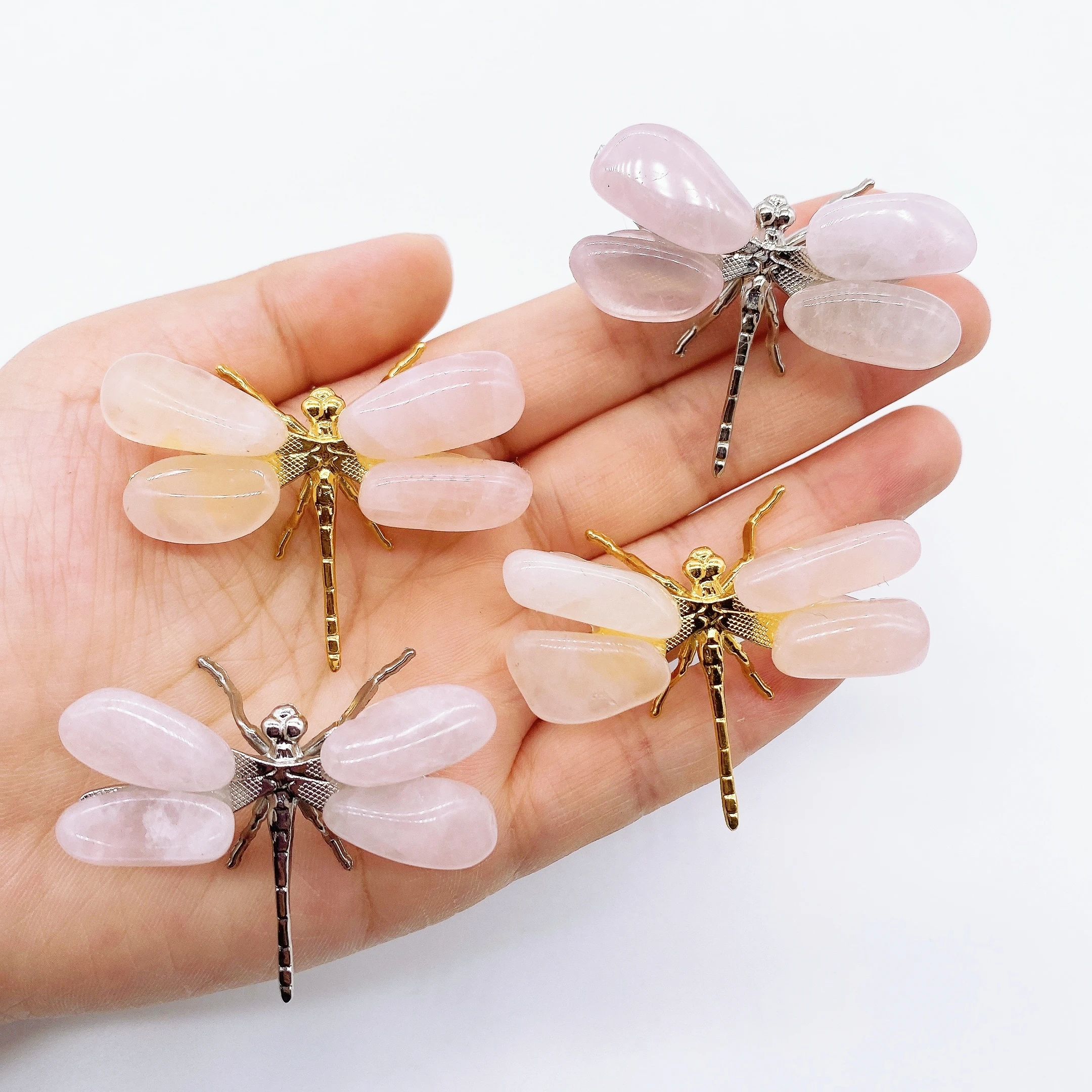 1PC Pink Dragonfly Spar Figurine Craft Handmade Natural Rose Quartz Stone Butterfly Reiki Healing Home office Decoration Gift