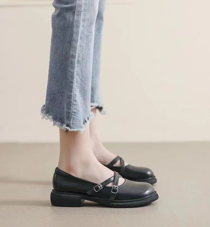 Ladies Summer Footwear Black Kawaii Shoes for Women 2024 Low Heel Elegant Mary Jane Gothic Round Toe Cute Loafers Fashion Y2k A