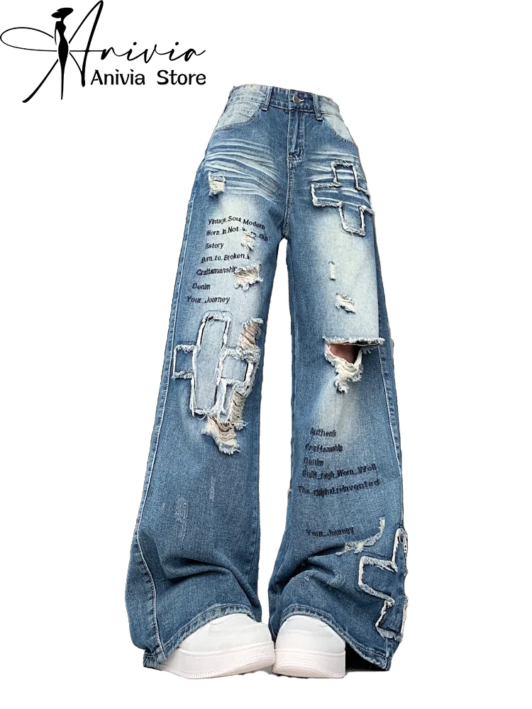Dames Y2k Blue Jeans Cargo Baggy Esthetische jaren 90 Vintage Broek Harajuku Streetwear Jaren 2000 Emo Trashy Denim Broek Kleding Nieuw