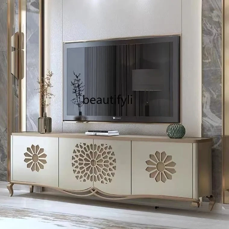 

Modern light luxury solid wood TV cabinet American champagne side cabinet coffee table combination simple high-end floor cabinet