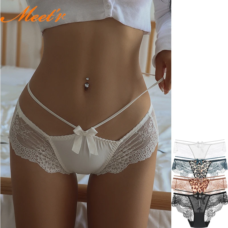 Meet'r Sexy Leopardenmuster-Dessous für Damen, sexy Spitze, Schnürunterwäsche, atmungsaktiv, ausgehöhlt, niedrige Taille, Dreieckshose