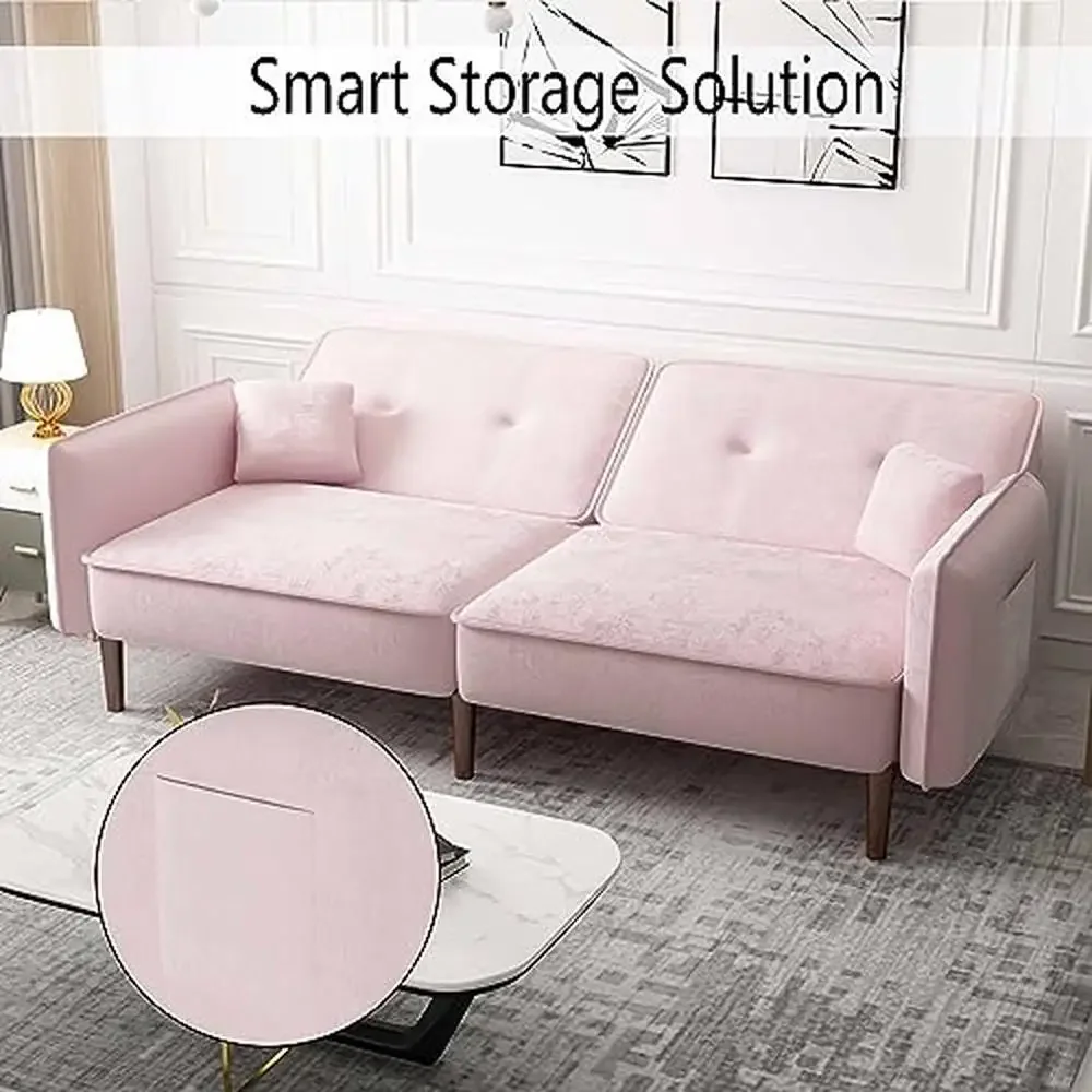 Modern Pink Velvet Convertible Sleeper Sofa Bed with Wood Legs and Memory Foam 75" Futon Loveseat Small Spaces and Studio