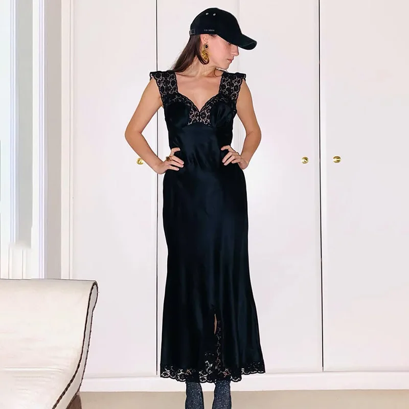 Satin V-neck Long Dress Women Sexy Sleeveless Lace-up Party Dresses Elegant Lace Slit Maxi Dresses 2026 Spring Vestidos