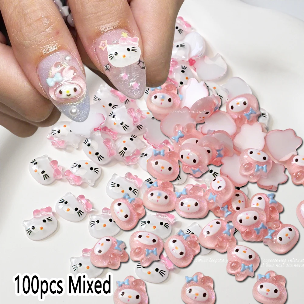

50/100PCS 3D Pink Hello Kitty My Melody Nail Art Charms Summer Cute Translucent Mini Cartoon Resin Nail Decoration Nail Supplies