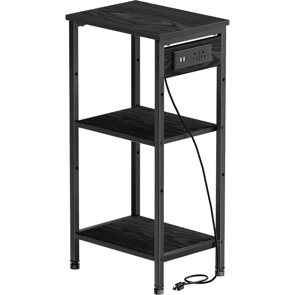 

Tall Nightstand with Charging Station, 3 Tier Narrow Tall End Table with Storage, Slim Side Table with USB Ports and Outlets