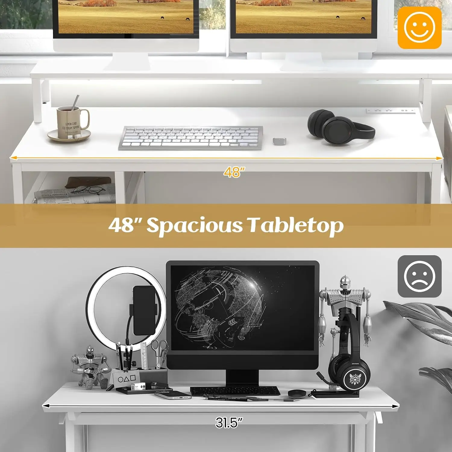 Desk 66 Inch Charging Station Monitor Stand Printer Cabinet CPU Stand File Drawer Gaming Writing Table Bedroom White, Customized