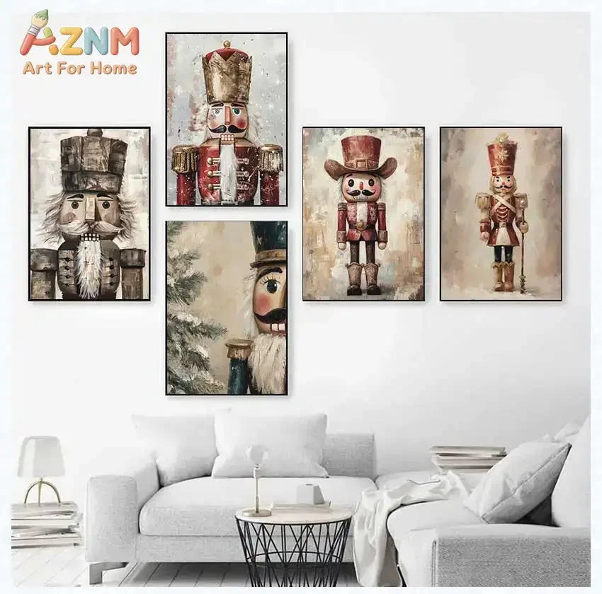 AZNM Vintage Nutcracker Canvas Wall Art Antique Soldier Figurine Retro Oil Painting Style Print Poster Christmas Festive Art for