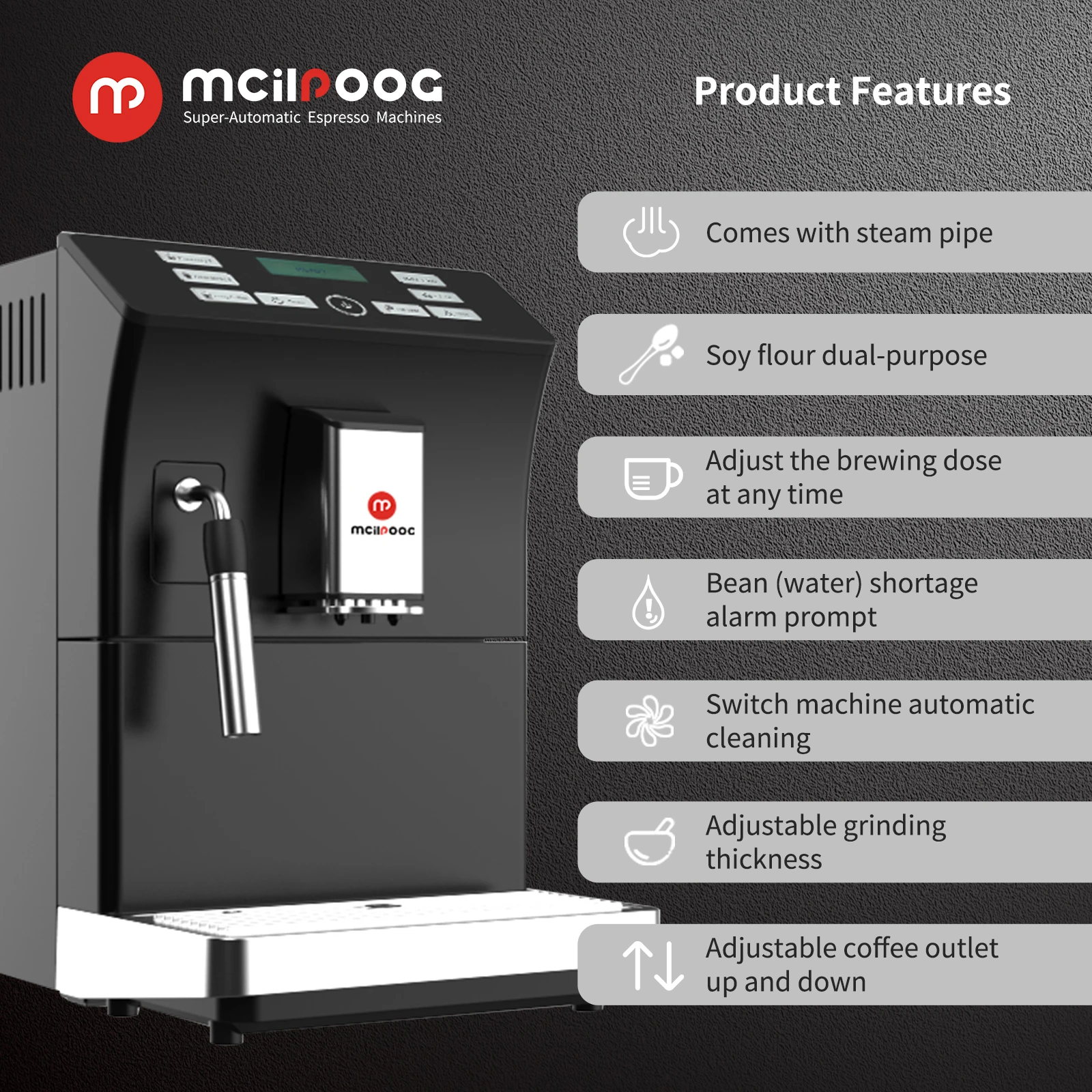 Mcilpoog WS201 Super Automatic Coffee Espresso Machine - Espresso Machine With Powerful Steamer,16 Flavors for Home and Office.