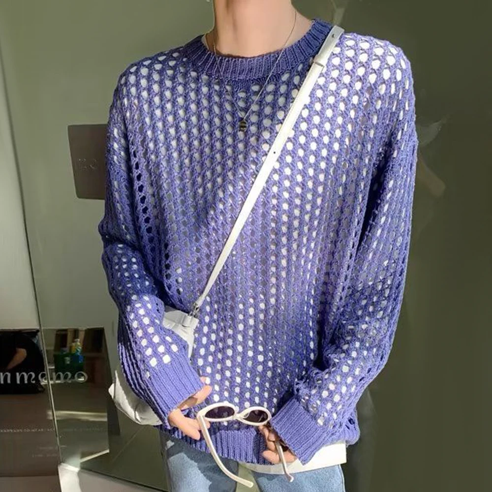 Casual Pullovers Hollow Out Outfits Fishnet Smock Tops Men Fashion Loose Long Sleeve See-though Knit Shirts Y2k Sexy Holes Shirt