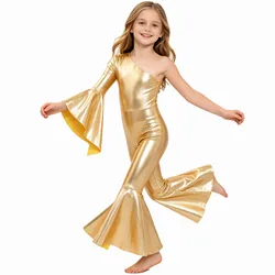 Kids Girls Metallic Shiny Bell-Bottom Dance Jumpsuit Ballet Ballroom Jazz Dance Costumes One Shoulder Flare Sleeve Bodysuit