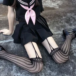 Women Sexy Stripe Mesh Stockings JK Lolita Hollow Small Mesh Silk Stockings Punk Gothic High Waist Striped Tights Christmas Gift