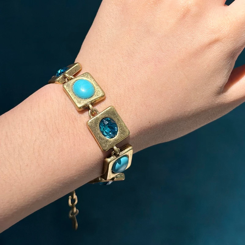 Vintage Luxury Bridal Turquoise Jewelry Sets Bohemian Square Blue Crystal Necklace Earrings For Women Gold Color Bracelet 2026