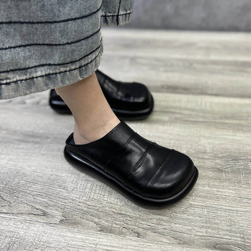 Birkuir Retro Closed Toe Outdoor Slippers Women Thick Heel Sandals 2024 Genuine Leather Soft Pleated Slippers Big Head Sandals