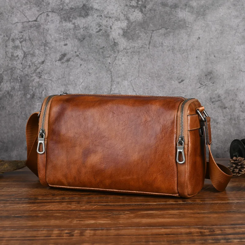 Vintage Mens Shoulder Messenger Bag Crossbody Bag Case Sling Rounded Bags Vintage Genuine Real Cow Leather Men Bag High Quality