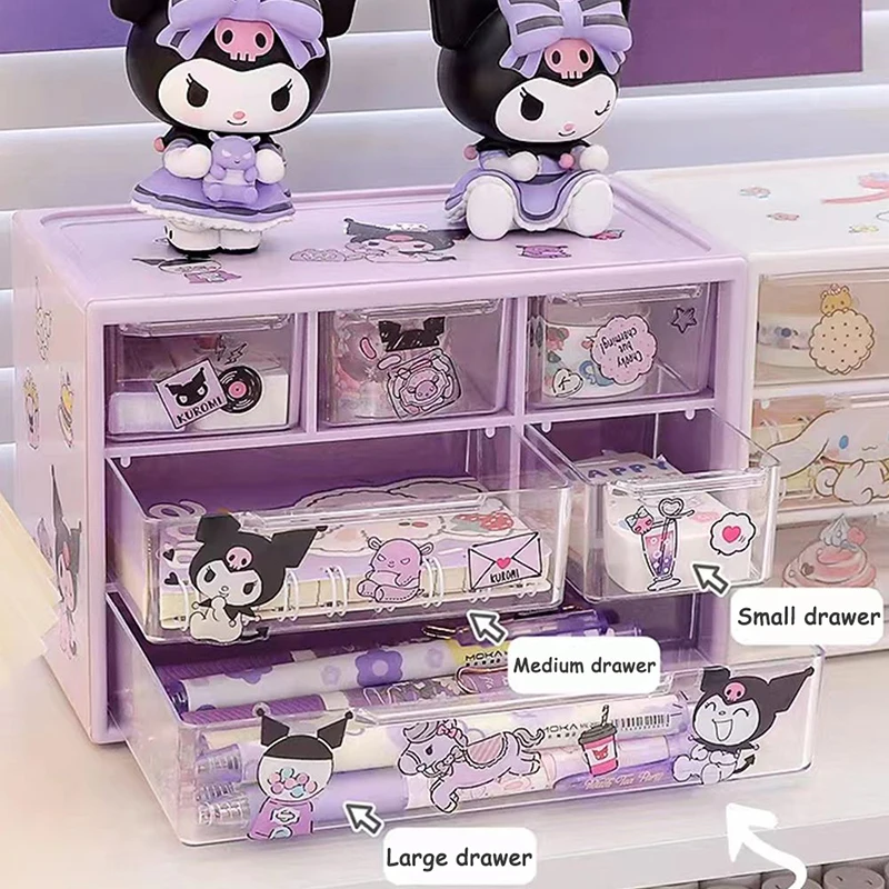 Sanrio 6 Grid Storage Box with Kuromi Cinnamoroll Melody Stickers Desktop Drawer-Type Transparent Organizing Box Children Gifts