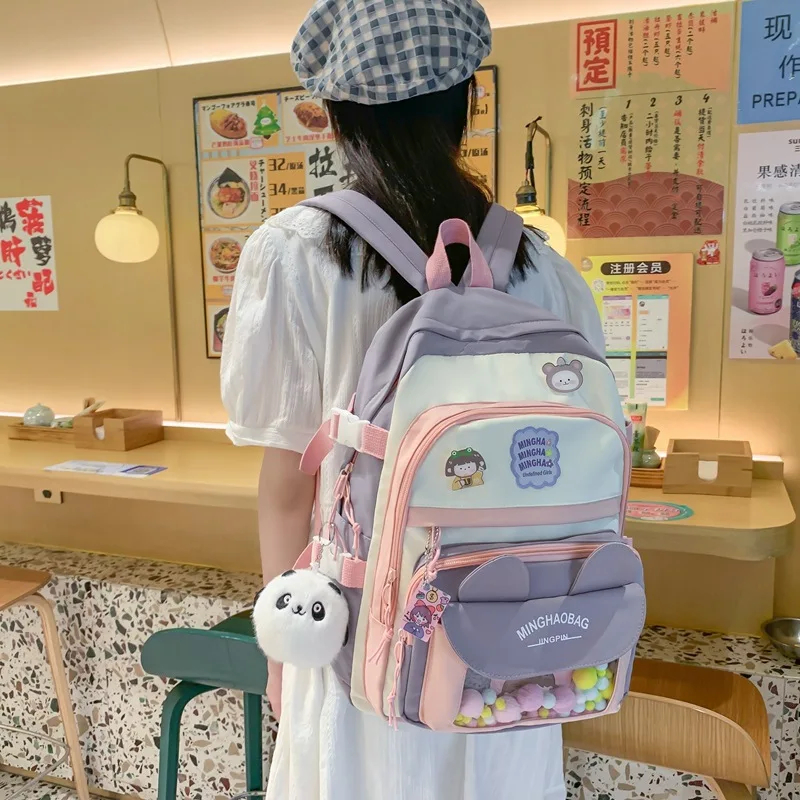 

New Canvas Schoolbags Students Junior High School Students Girls Contrasting Backpacks Girls Primary School Grades Three To Six