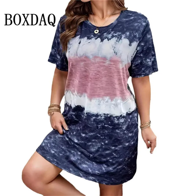 Contrast Tie Dye 3D Printed Dresses Women Plus Size Short Sleeve Loose Ladies Dress 2024 Fashion Oversized Sundress Clothing 5XL