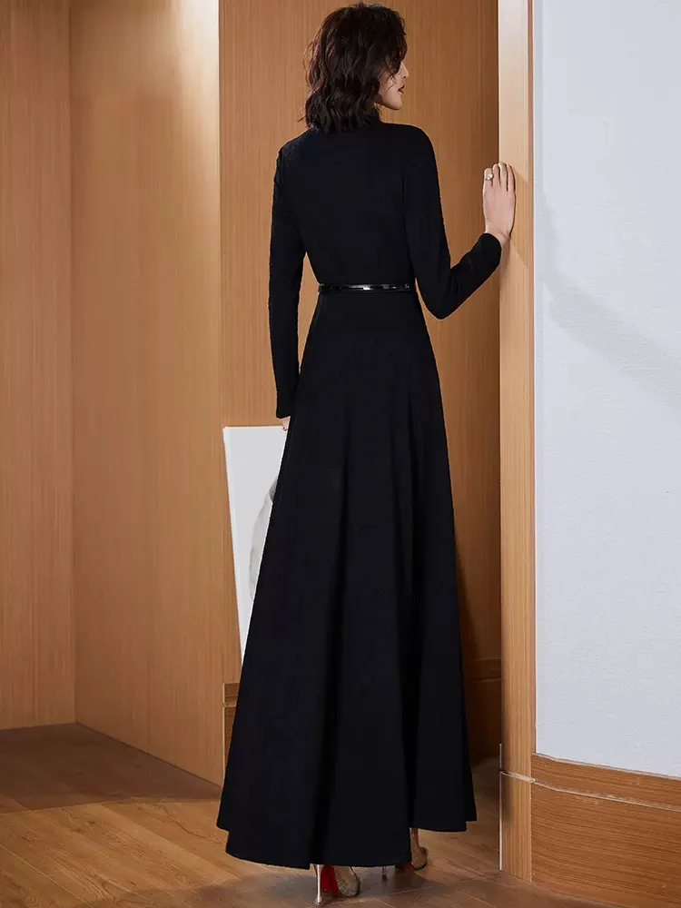 New Women Long Dress Spring Autumn Fashion Elegant Stand Collar Long Sleeve Dark Texture Lengthened Slim Black Dress Female