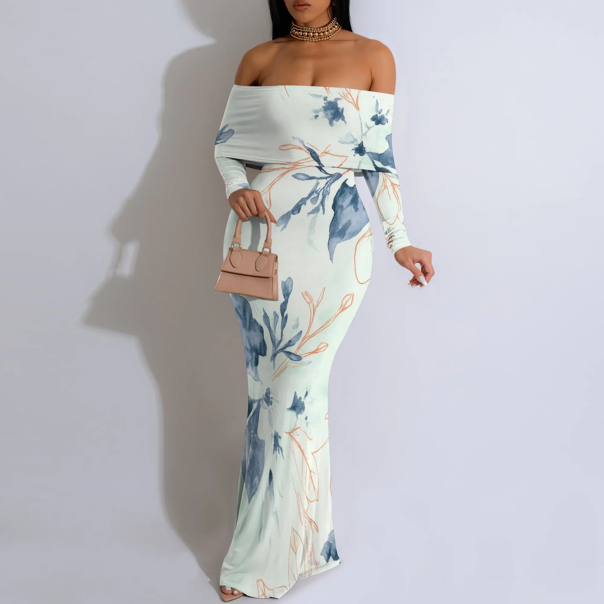 Women Formal Off Shoulder African Prints Sexy Bodycon Dresses Fashion Long Sleeve Backless Temperament Long Club Party Dress