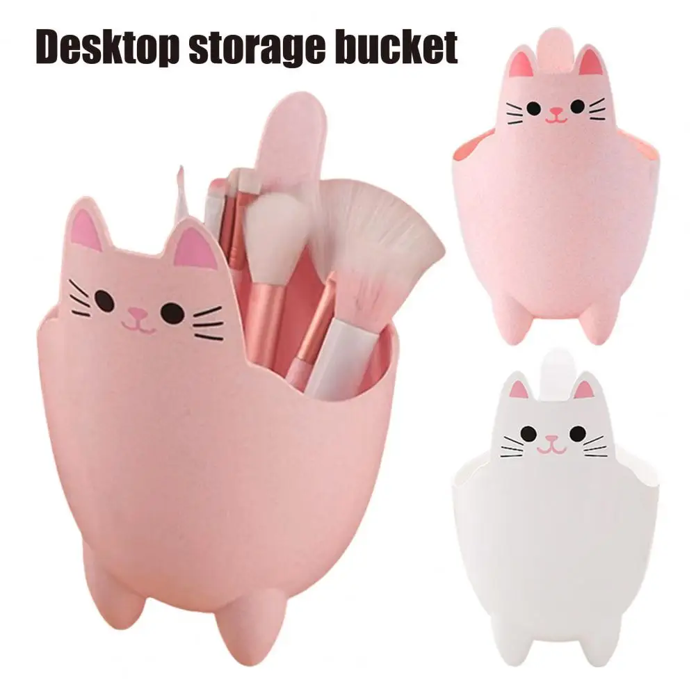 2Pcs Garbage Cans Pen Holders Large Capacity Smooth Edge Burr Free Cartoon Cat Shape Mini Table Trash Cans Storage Buckets