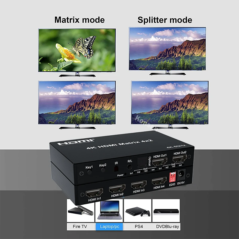 4K 60Hz HDMI Matrix Switcher 4x2 2x4 Matrix HDMI Switcher Splitter 4 in 2 out with Optical 3.5mm Audio Extractor with IR Remote