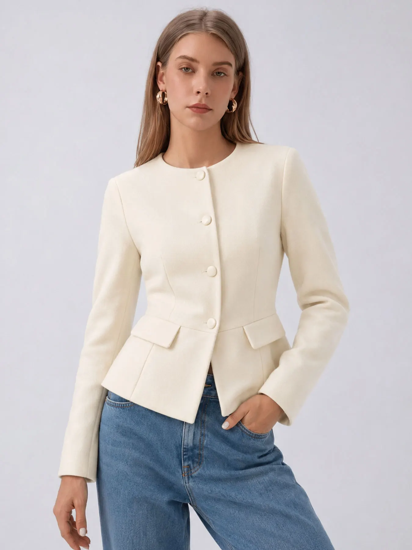 HH Female Classic Single Breasted Outerwear Long Sleeves Fake Pocket Slim Fashion Autumn Coat Casual Party O Neck Blazer