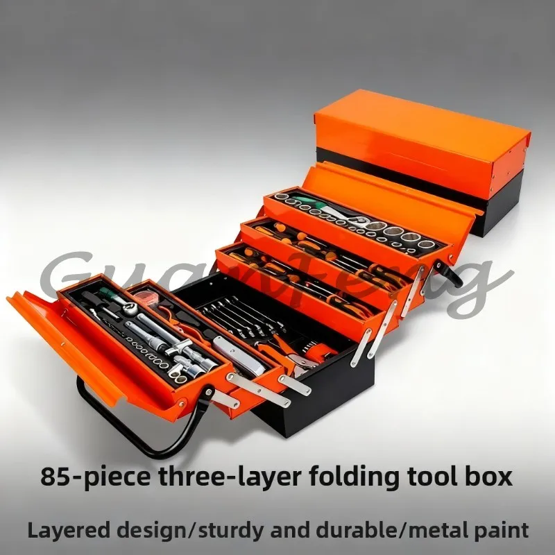 Three-Layer Foldable Ratchet Wrench Tool Kit, 85 Pieces Carbon Steel, Hand Tools, with Hard Case